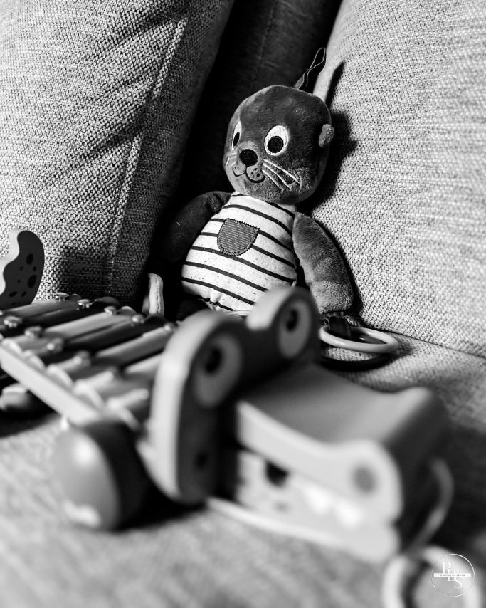 Stofftier in Streifenlook sitzt neben einem Holzspielzeug auf einem grauen Sofa.